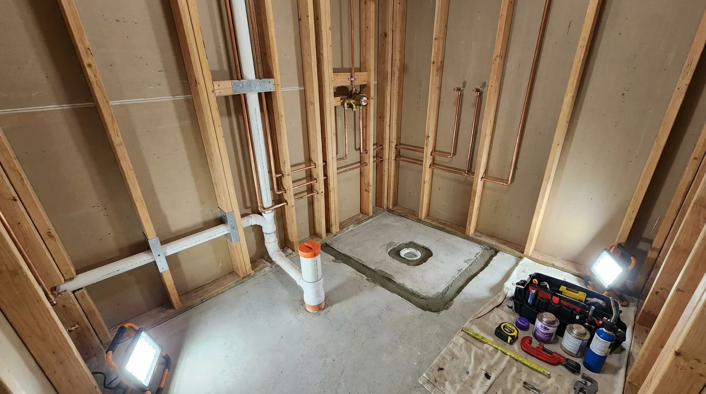 Bathroom rough-in plumbing during remodel by Johns Plumbing LLC in Seaford