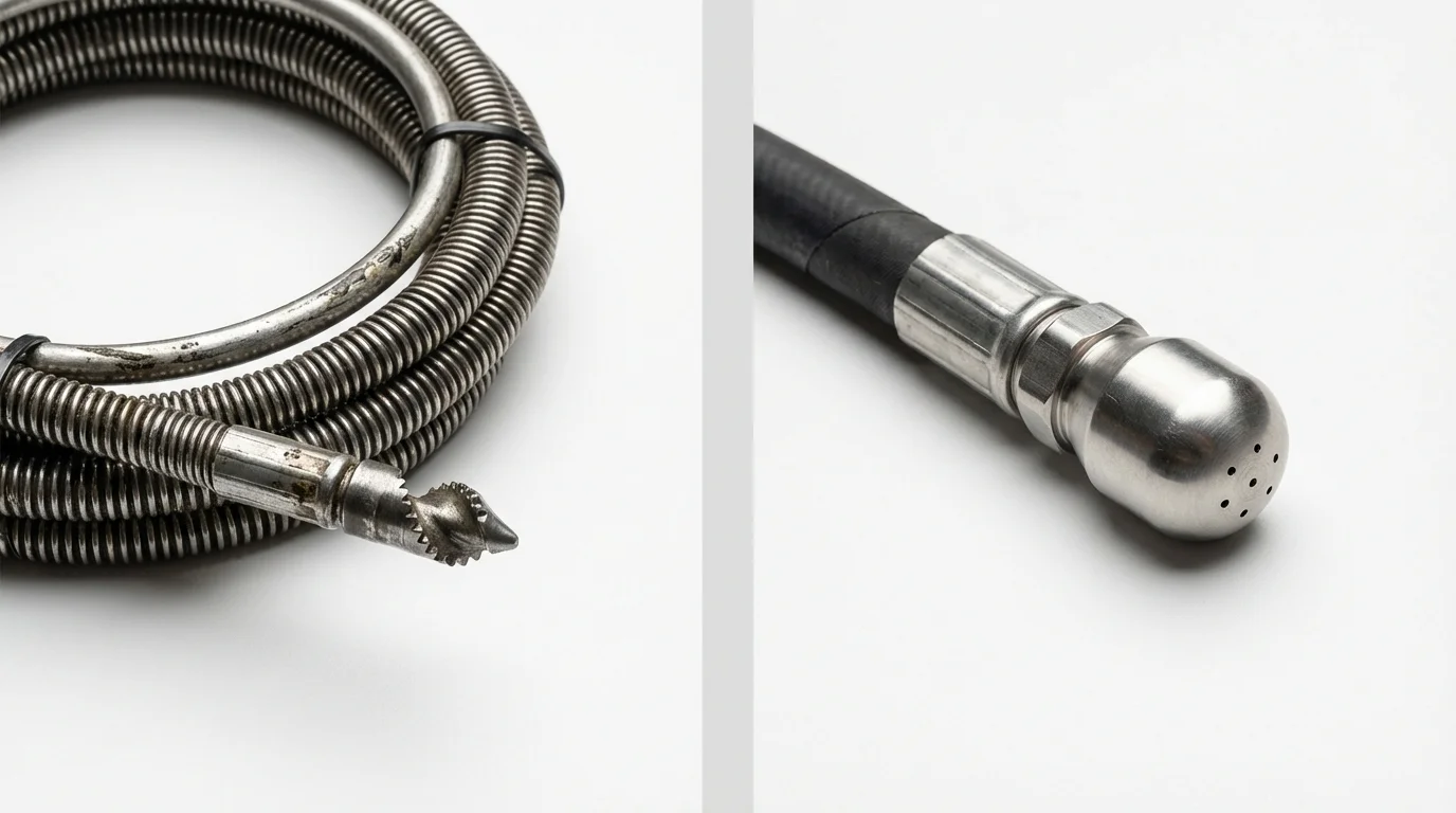Drain snake cable and hydro jetting nozzle used for drain cleaning in Seaford, NY
