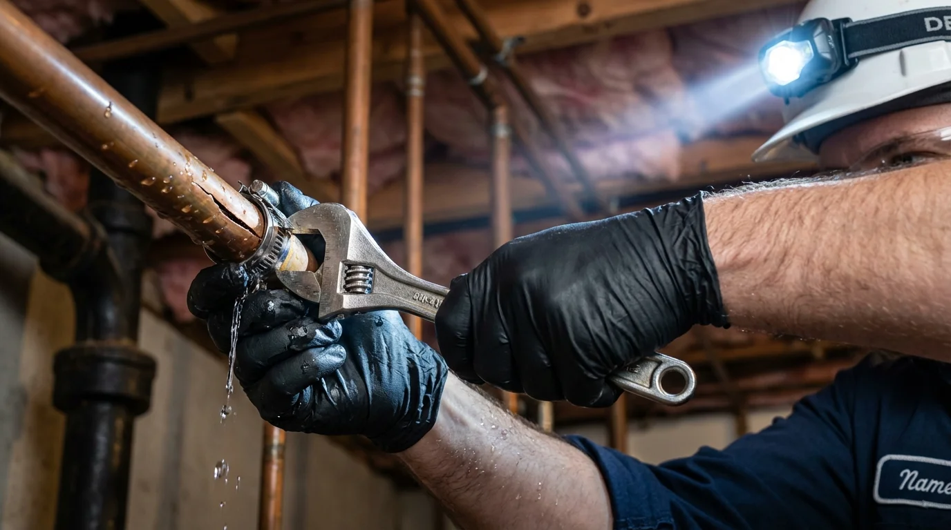 Emergency pipe clamp repair being performed by a Johns Plumbing LLC plumber in Seaford