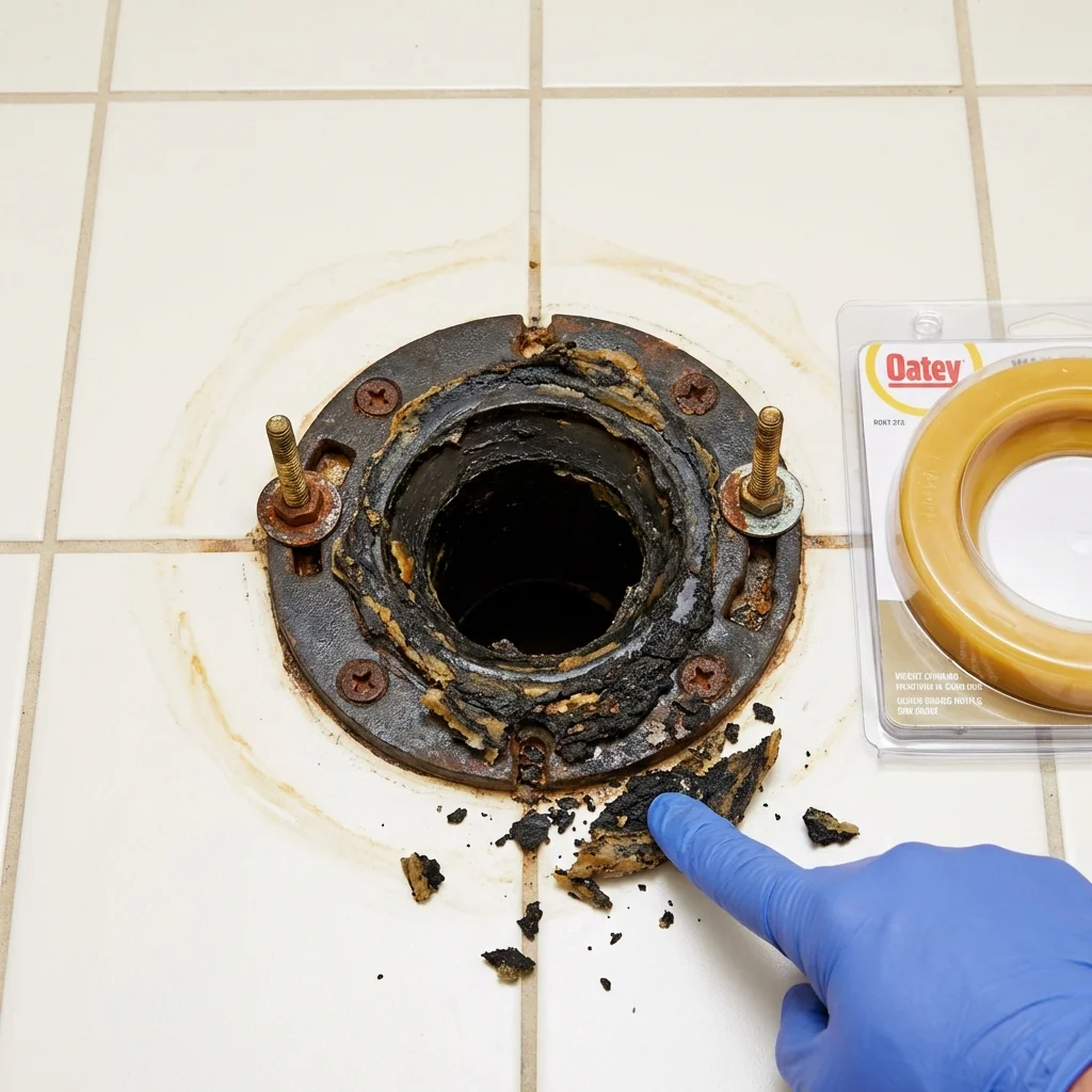 Failed wax ring showing water seepage at the base of a toilet in a Seaford, NY home