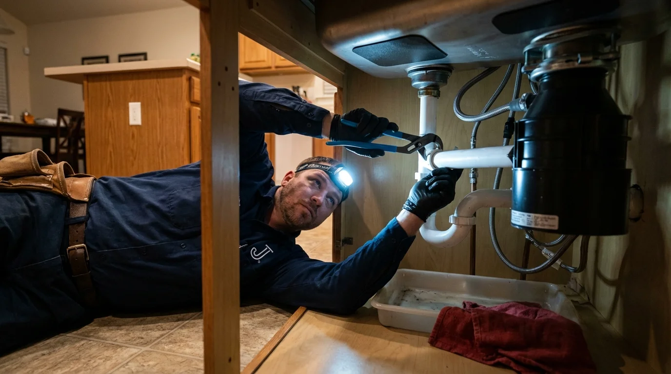 P-trap and supply line connections under a kitchen sink showing a common leak point in Seaford, NY